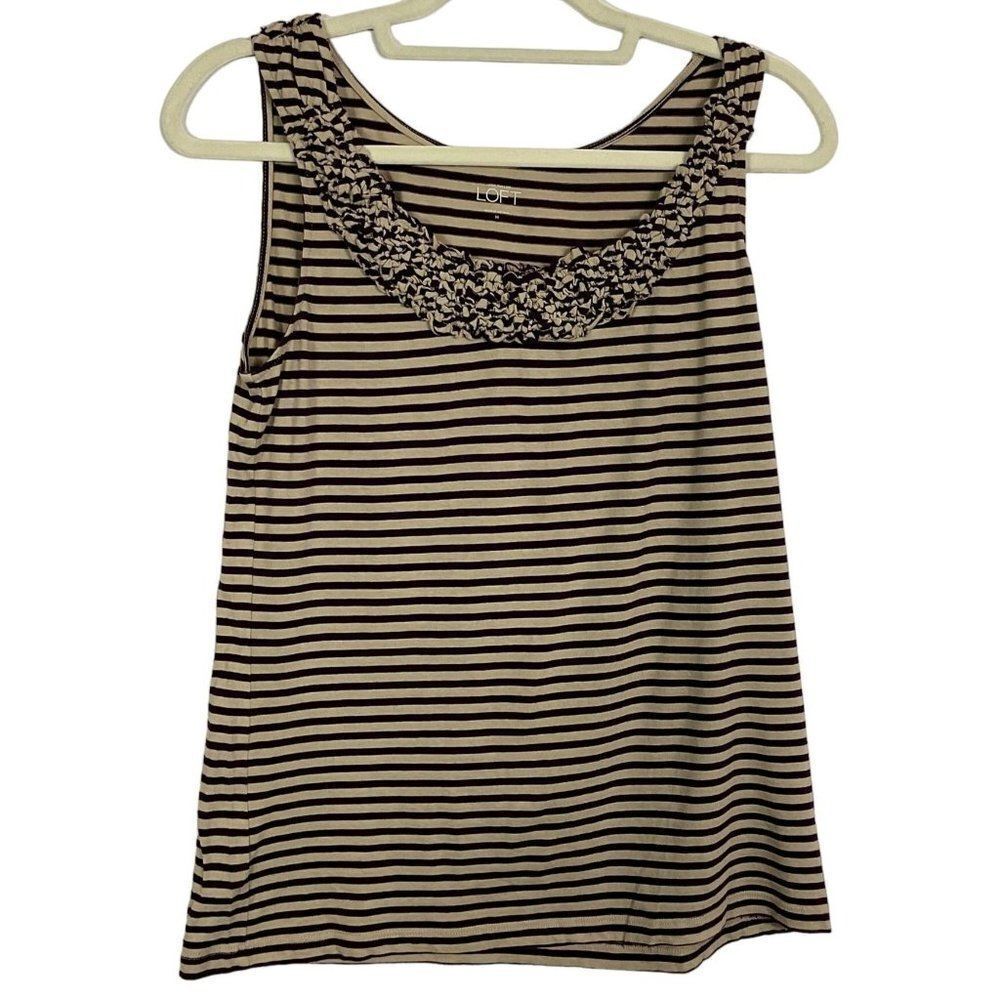 LOFT Striped top with ruffled neckline, size medium, 100% cotton